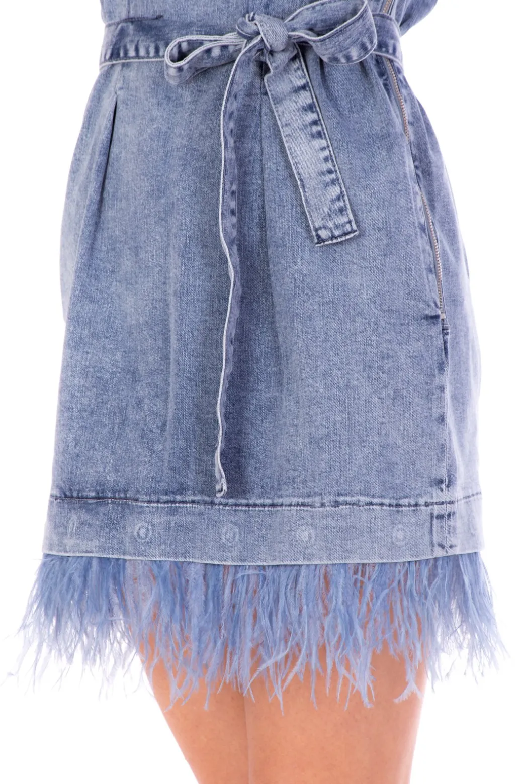 Donna Twin-set Mini Abito In Jeans con Piumette e Fusciacca