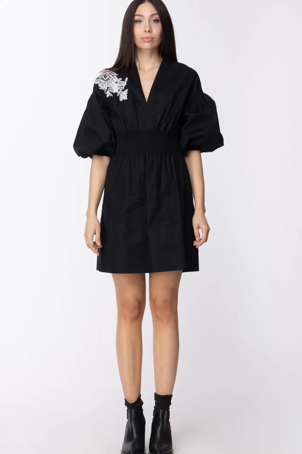 Donna Twin-set Mini Abito Ricamo Fiore e Maniche a Sbuffo
