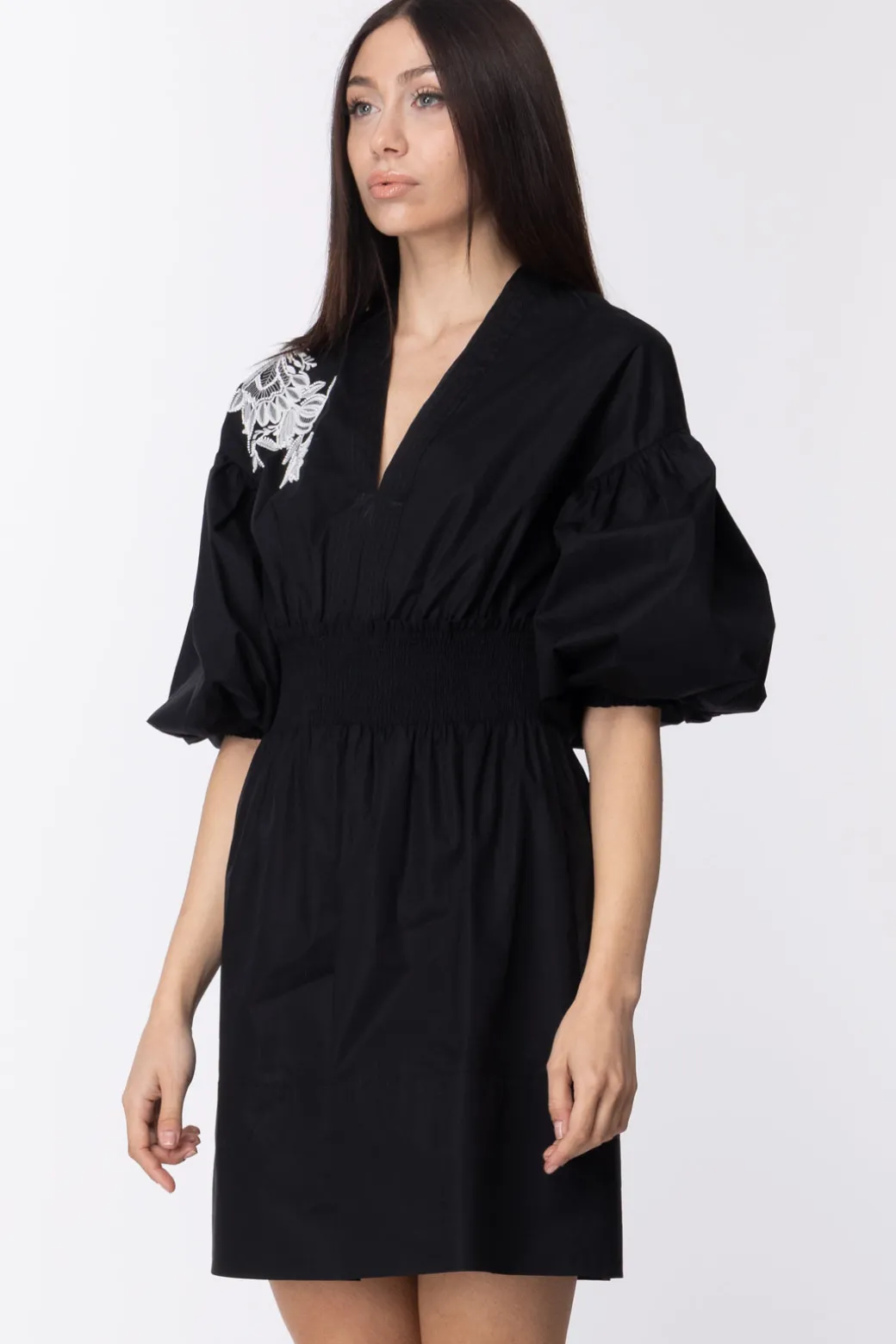 Donna Twin-set Mini Abito Ricamo Fiore e Maniche a Sbuffo