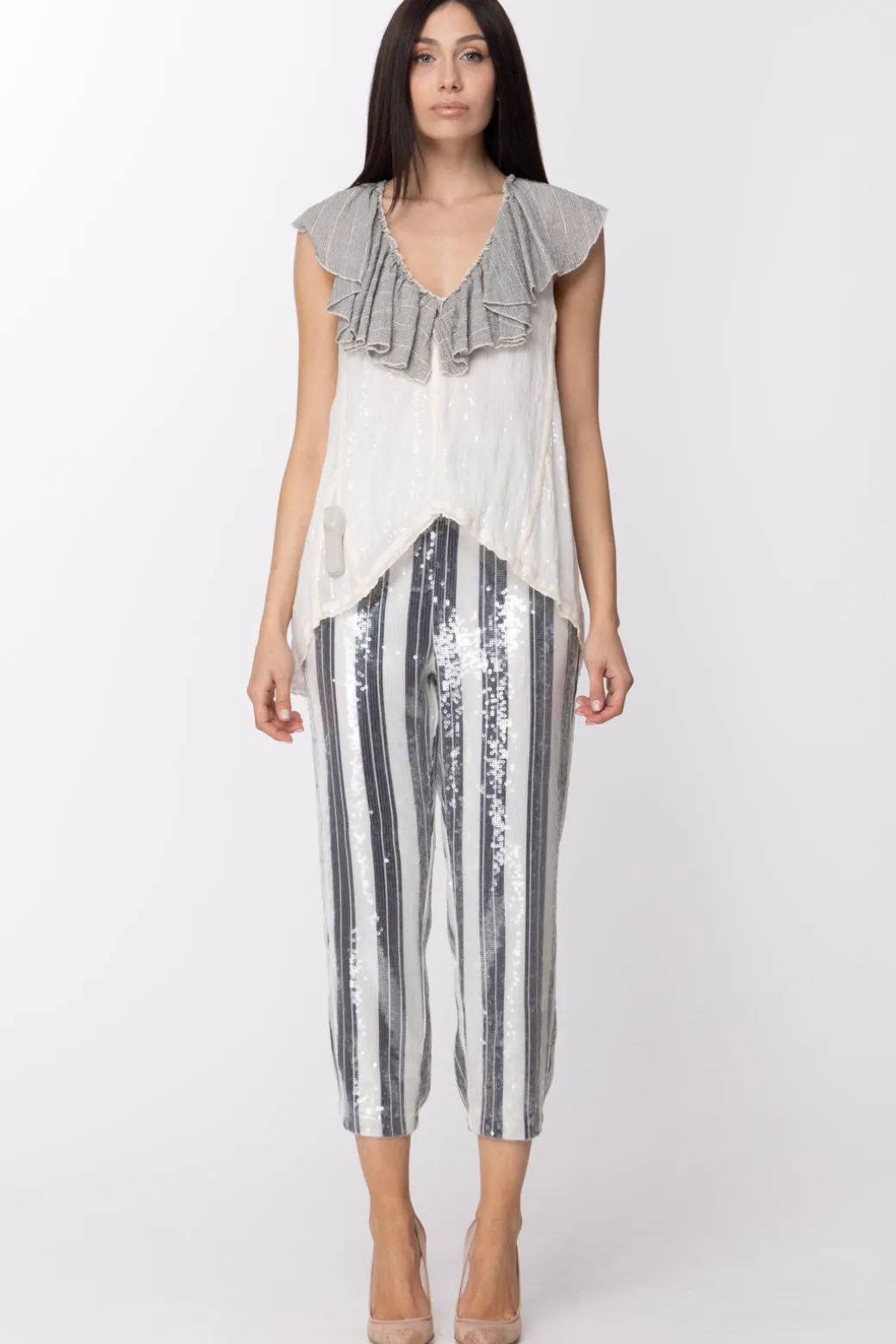 Donna Twin-set Pantaloni a Righe Full Paillettes