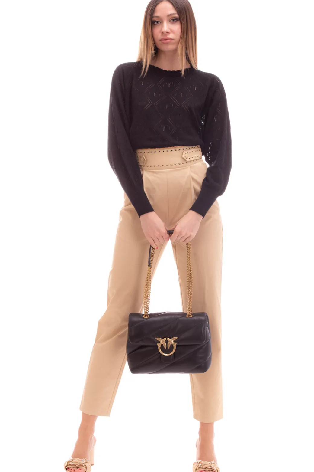 Donna Twin-set Pantaloni con Punto Vita Spalmato e Traforato