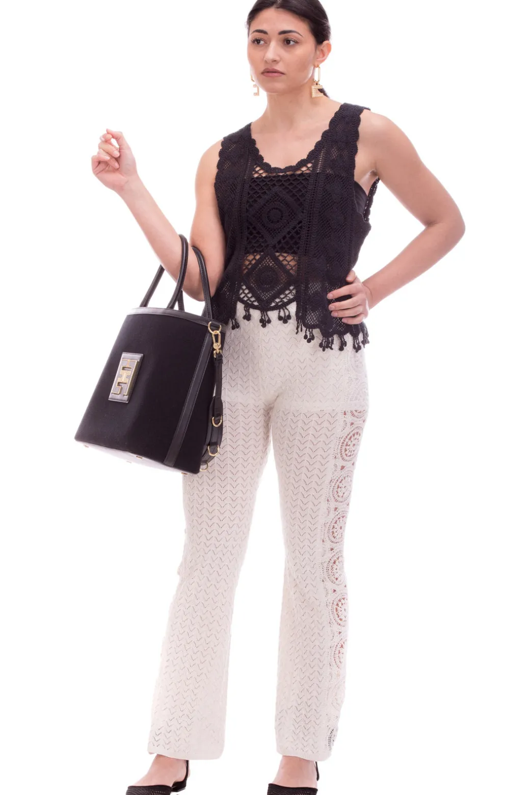 Donna Twin-set Pantaloni Crochet Ricamati