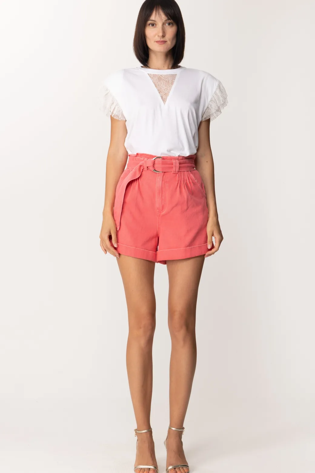 Donna Twin-set Shorts In Cotone con Cintura e Risvolti