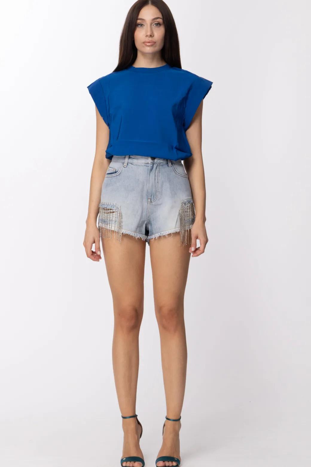 Donna Twin-set Shorts In Jeans con Frange In Strass