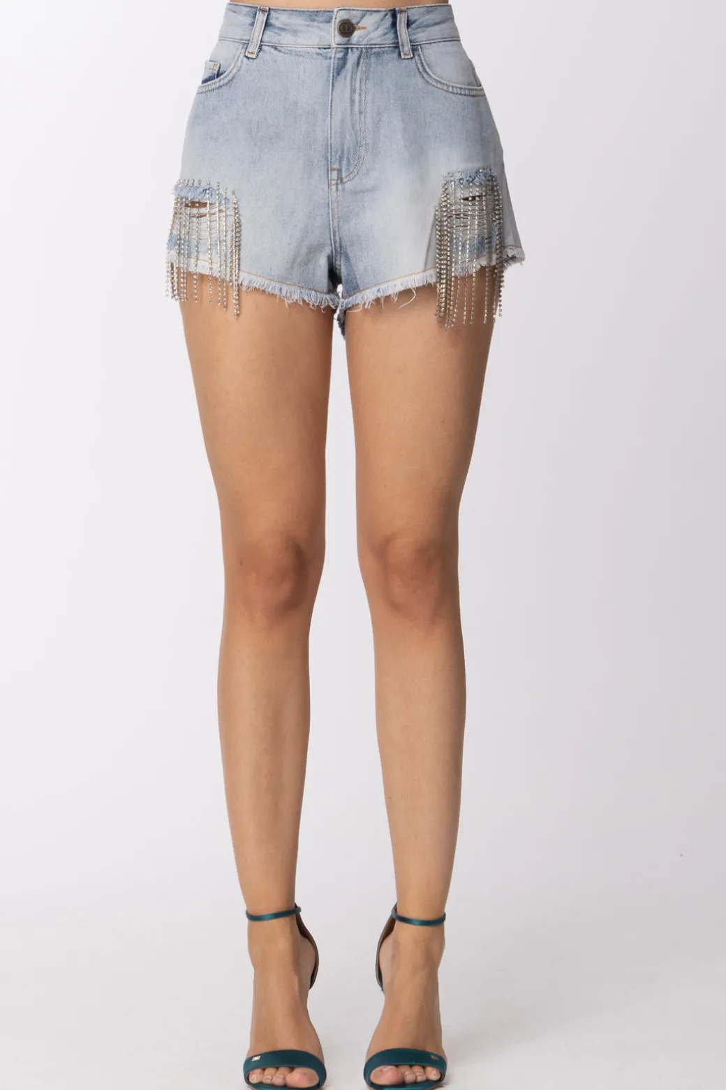 Donna Twin-set Shorts In Jeans con Frange In Strass