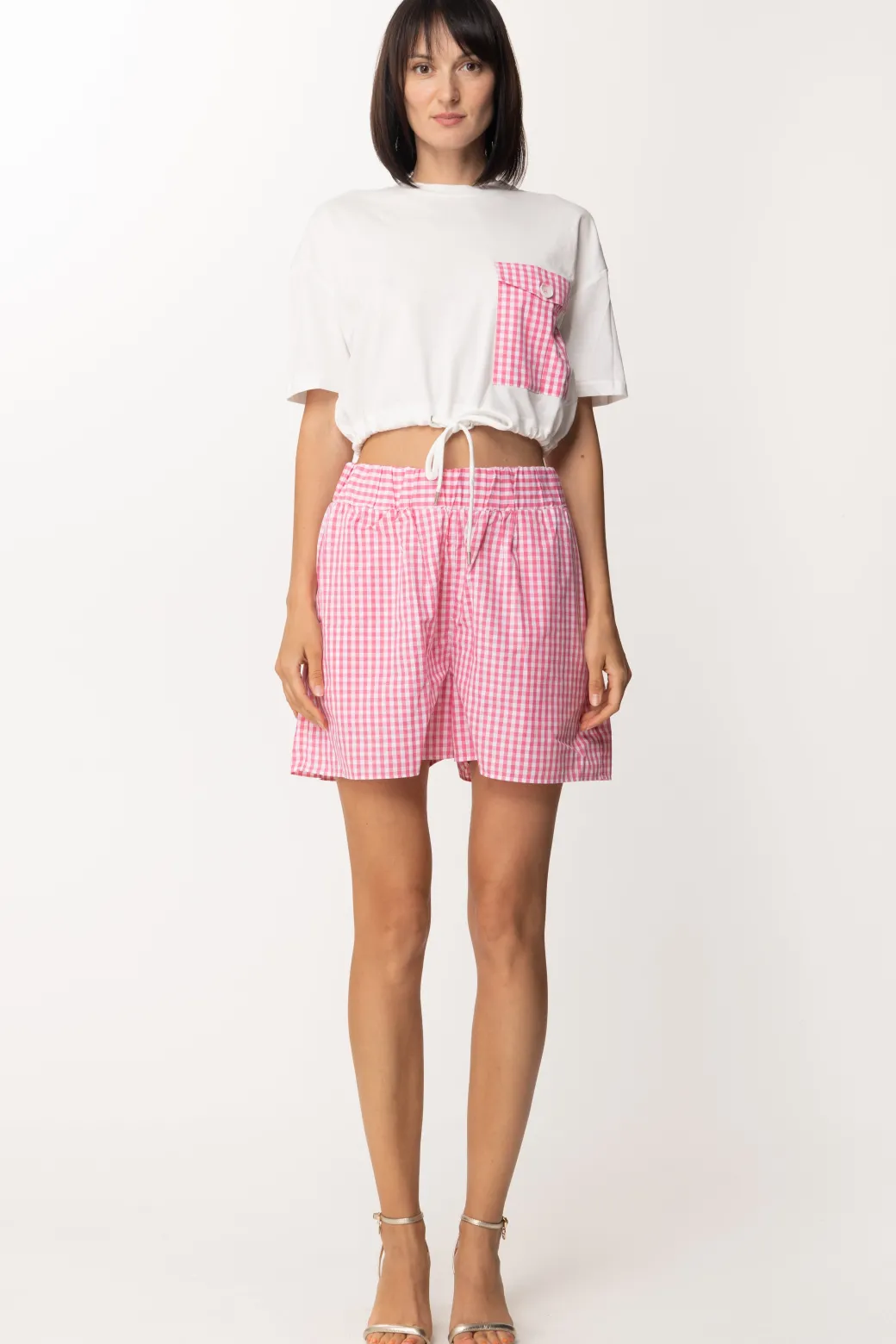 Donna Twin-set Shorts Stampa Vichy In Popeline