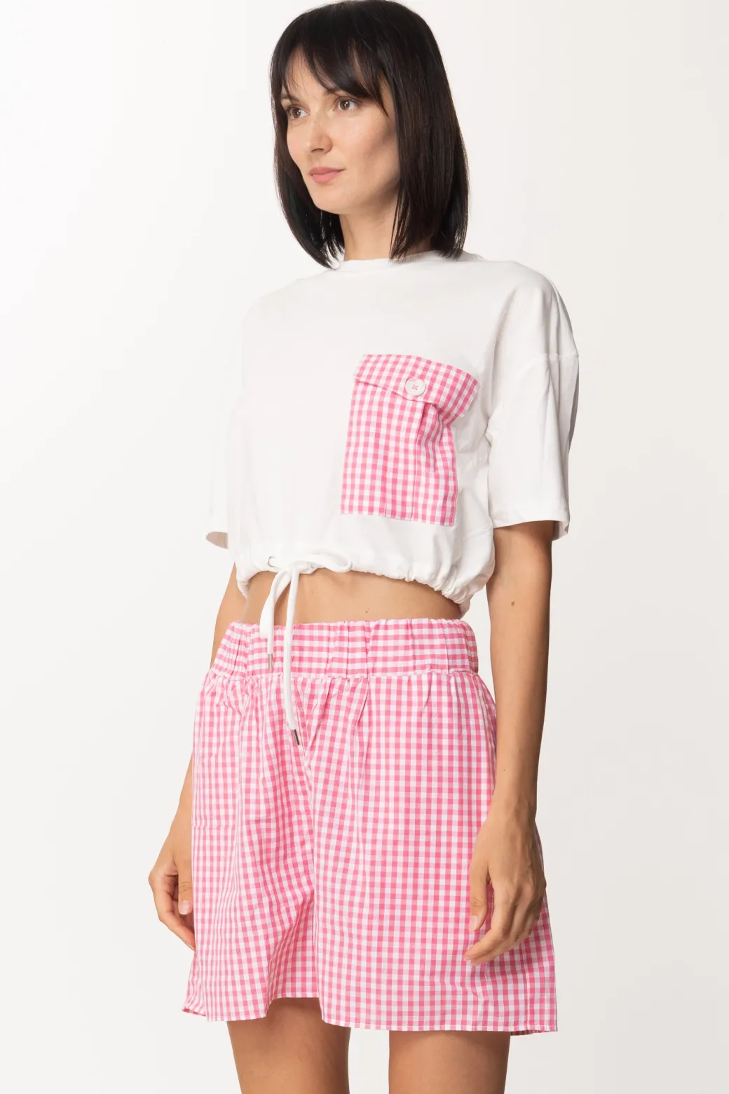 Donna Twin-set Shorts Stampa Vichy In Popeline