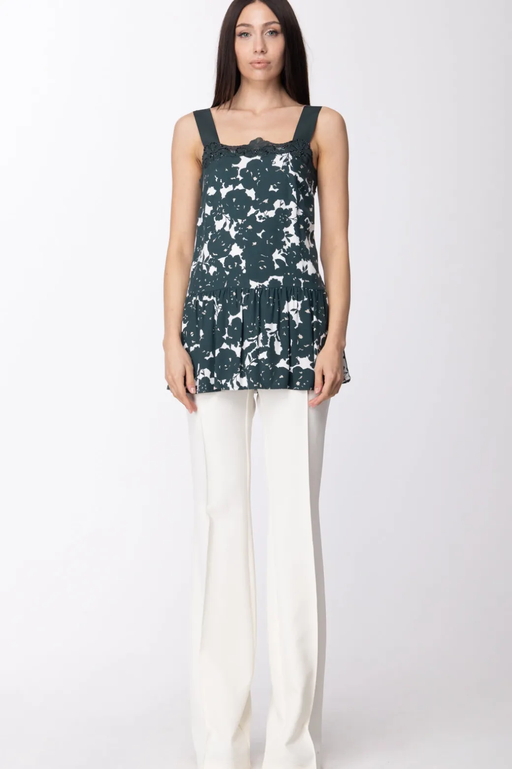 Donna Twin-set Top a Stampa Floreale e Spalline Larghe