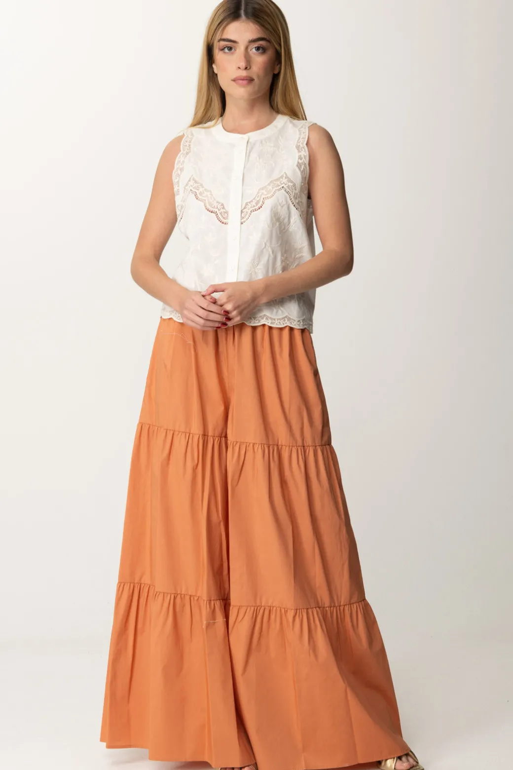 Donna Twin-set Top con Ricami a Fiori