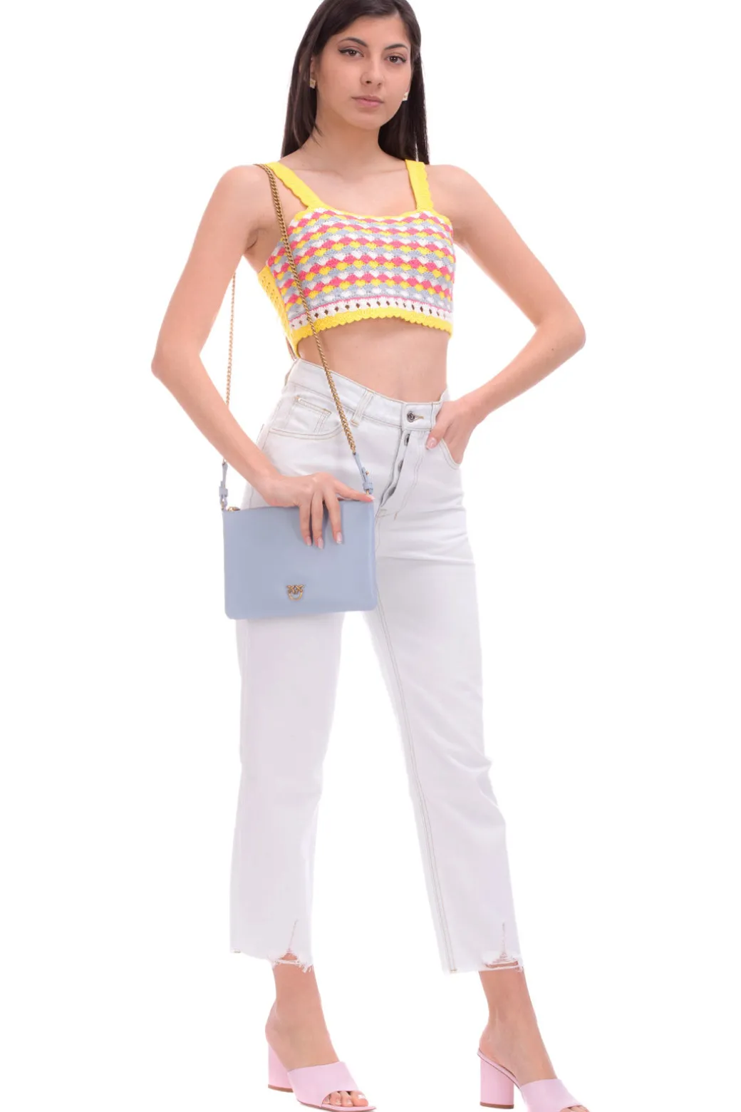 Donna Twin-set Top Crop In Crochet Colorato