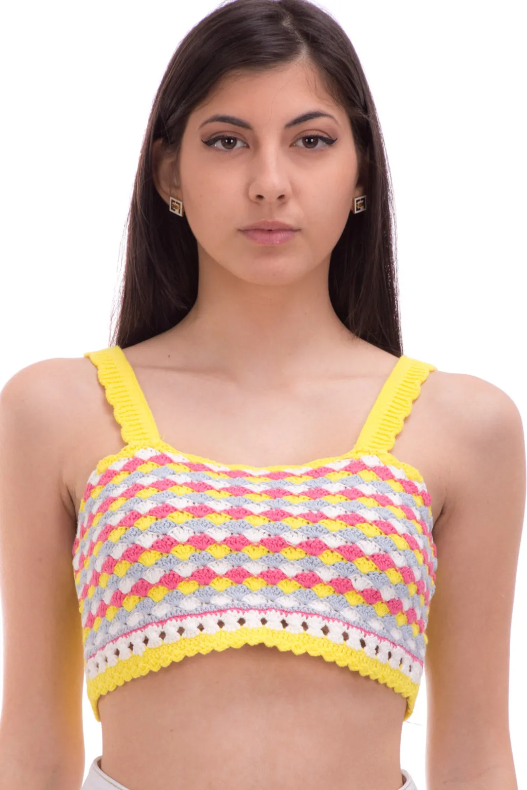 Donna Twin-set Top Crop In Crochet Colorato