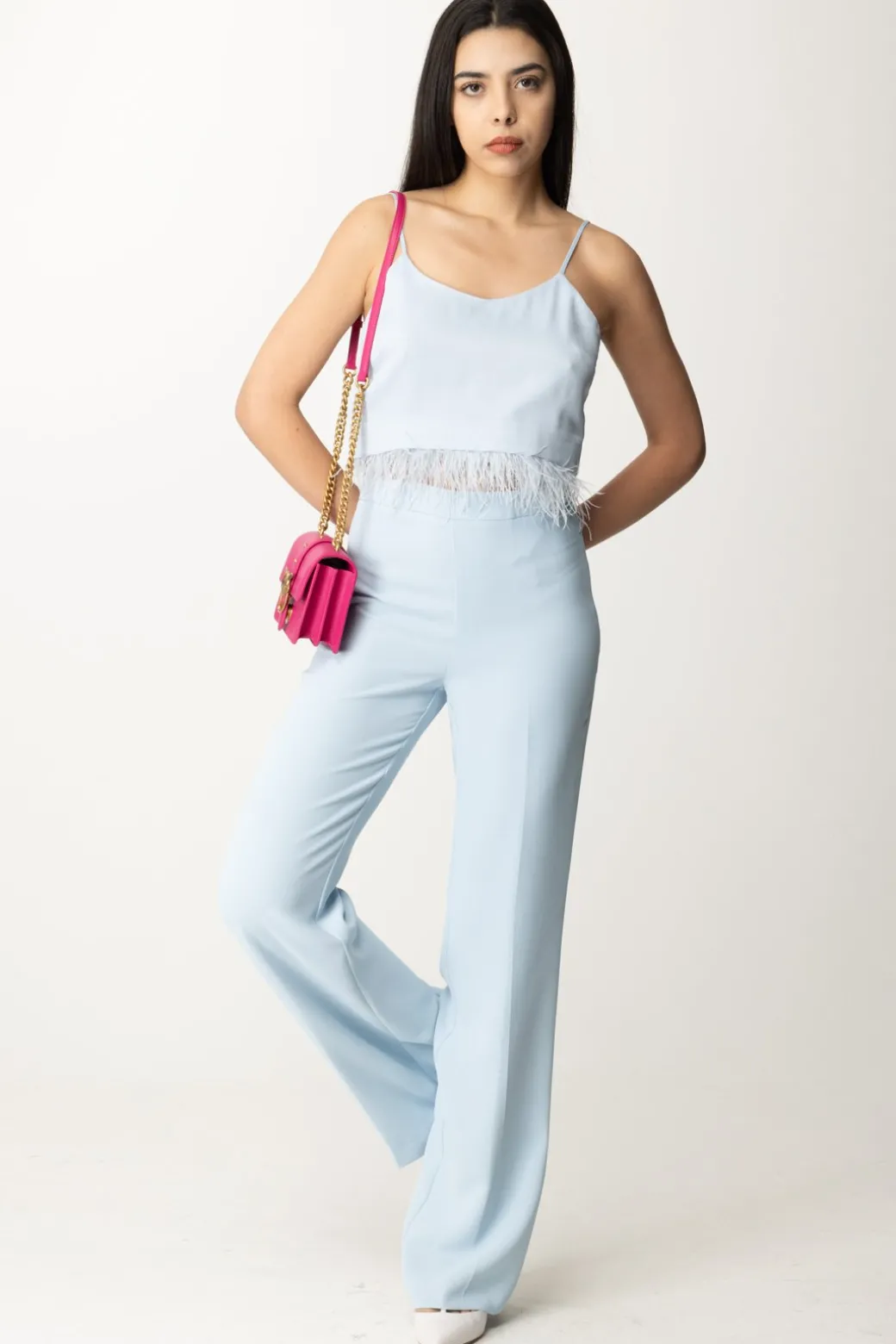 Donna Twin-set Top Crop In Raso con Piumette