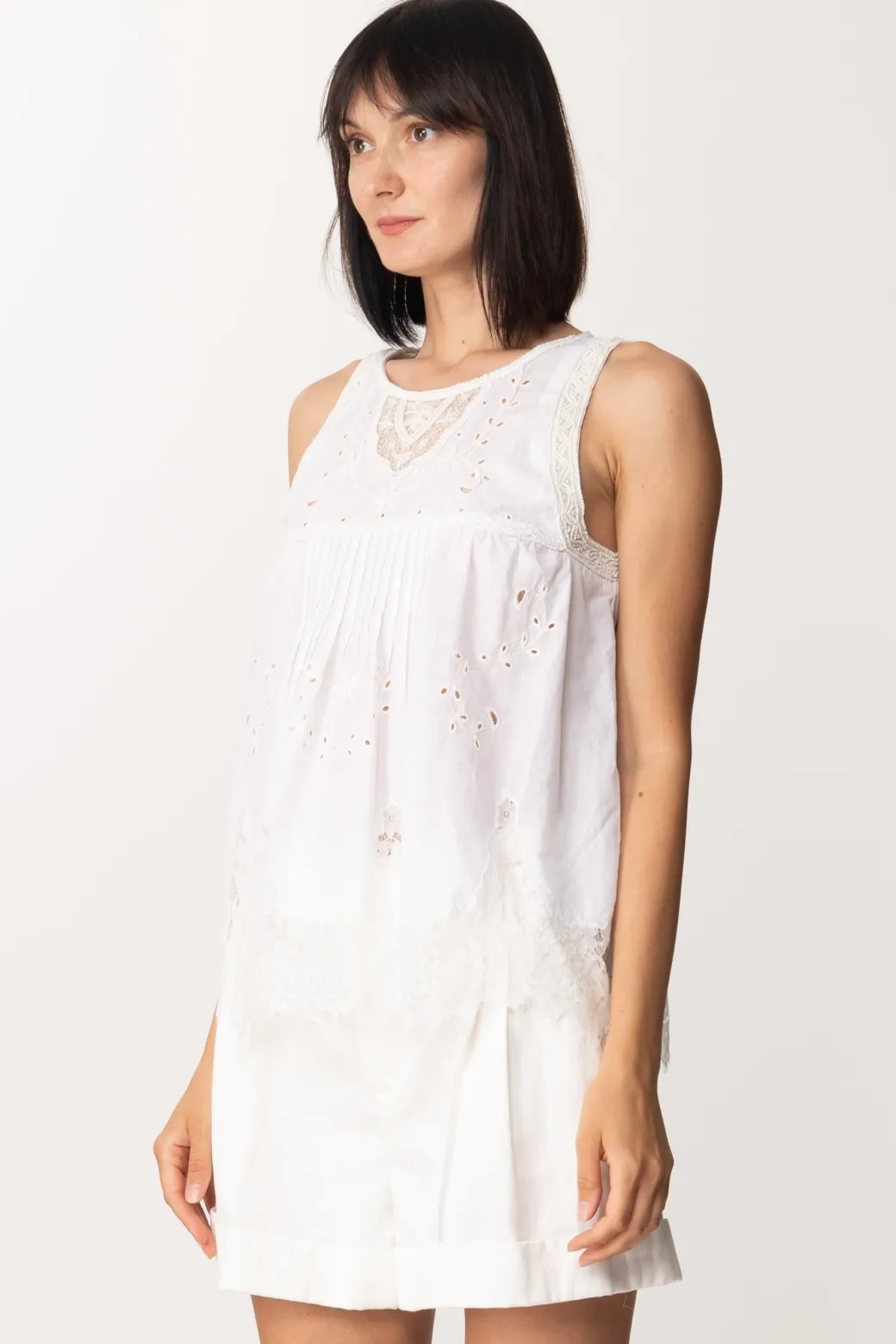 Donna Twin-set Top In Sangallo con Ricamo Di Perline