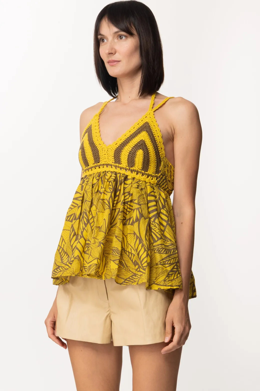 Donna Twin-set Top Stampato con Corpetto Crochet