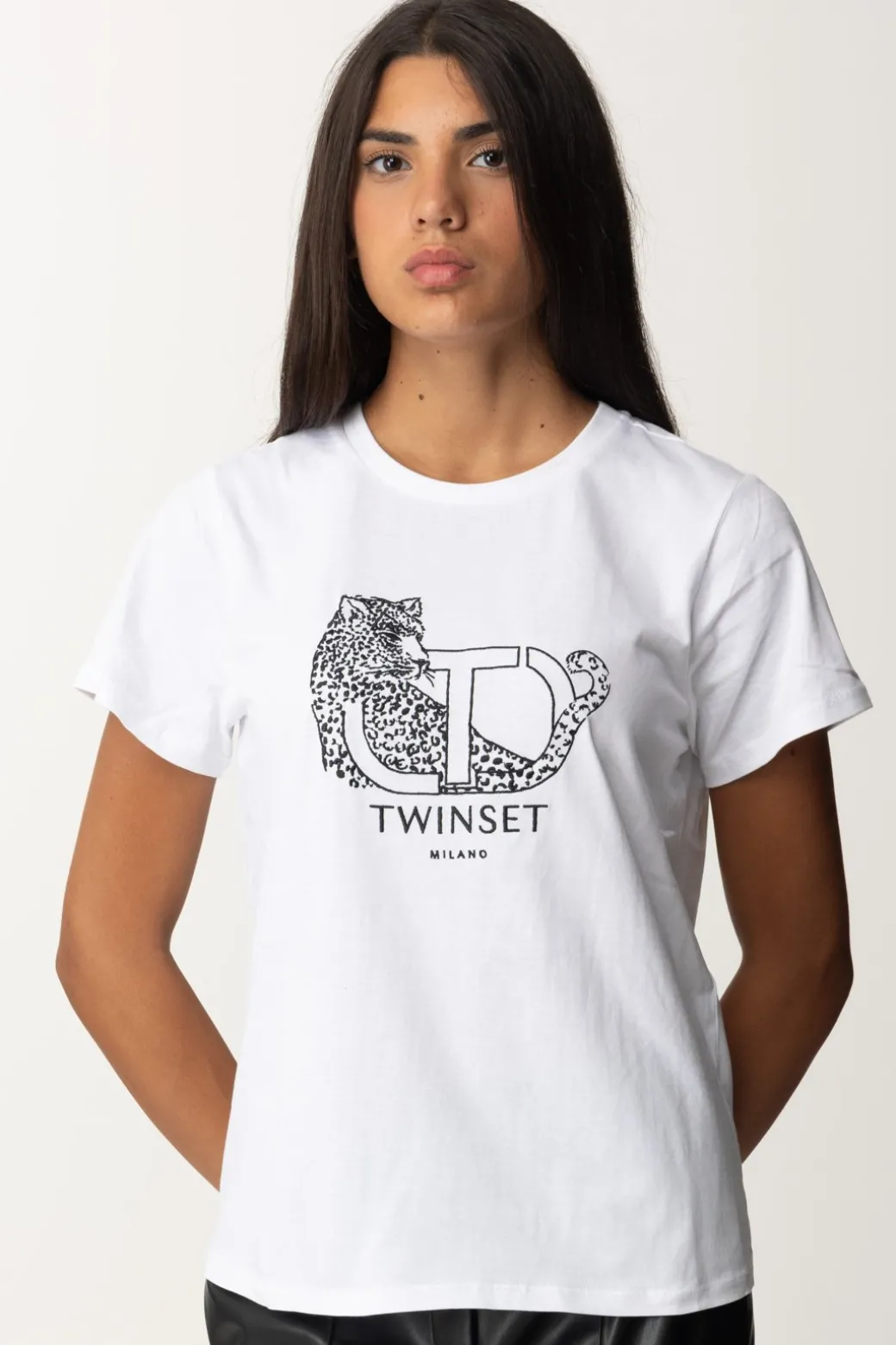 Donna Twin-set T-shirt con Ricamo Logo e Giaguaro