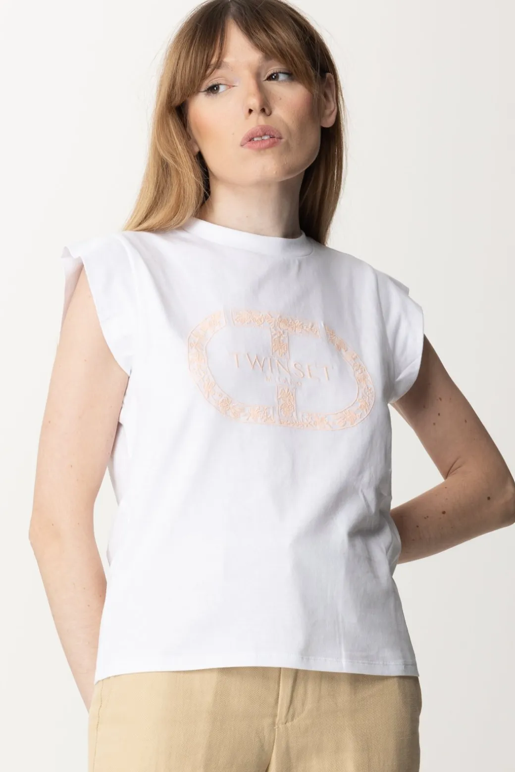 Donna Twin-set T-shirt con Ricamo Logo e Maniche Ad Aletta
