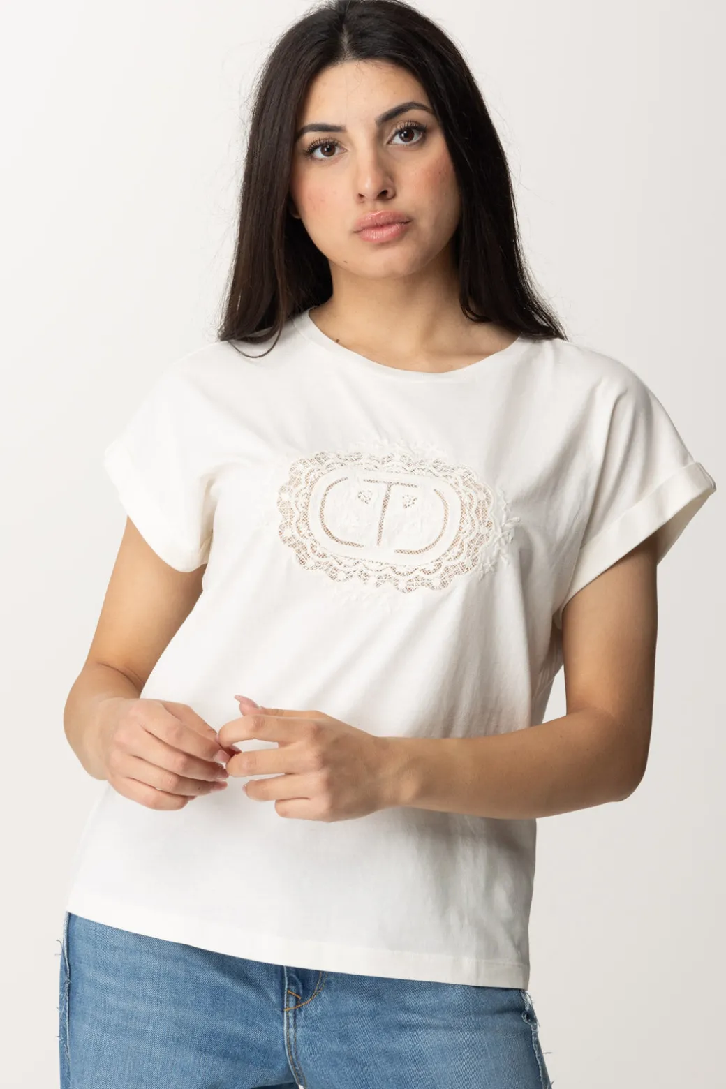 Donna Twin-set T-shirt con Ricamo Oval T In Pizzo
