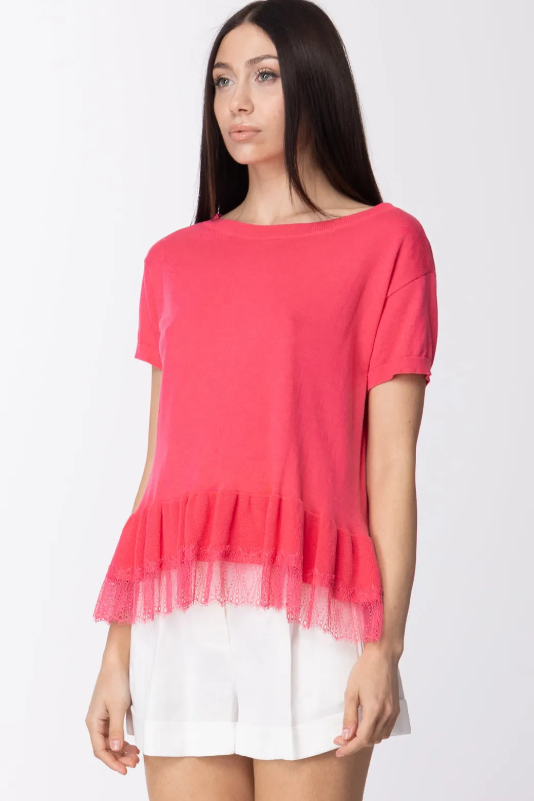 Donna Twin-set T-shirt In Maglia con Balza In Pizzo