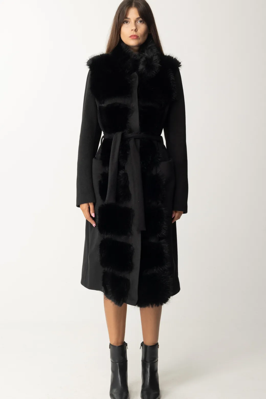 Donna Yes London Cappotto con Cintura In Vita e Inserti In Ecopelliccia