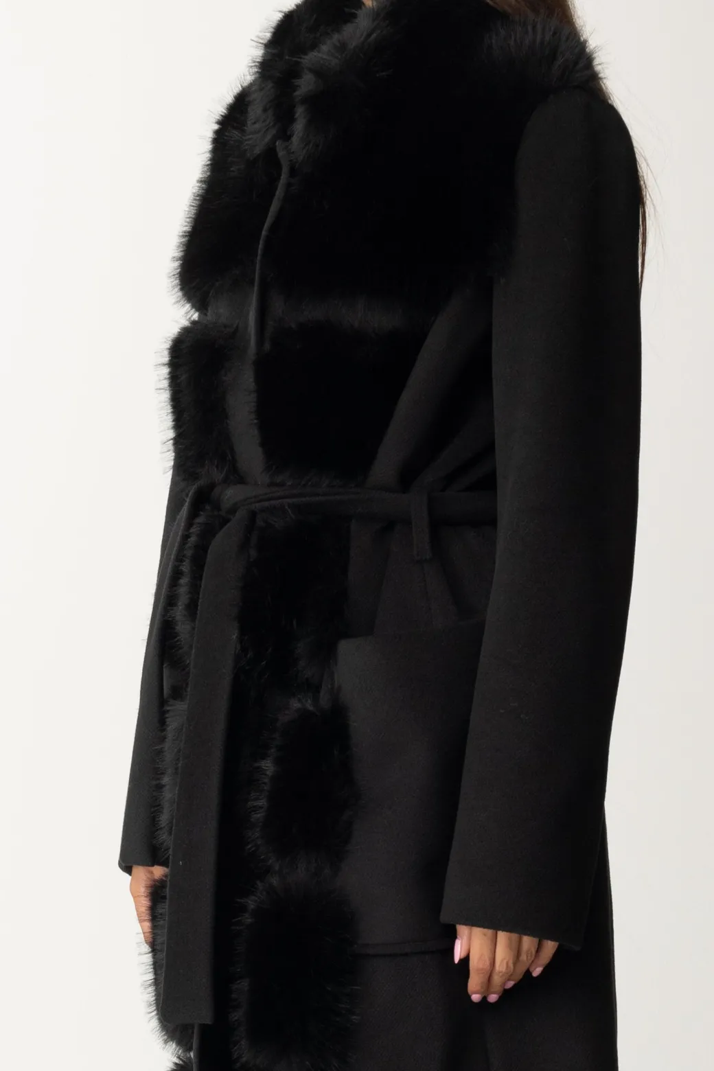 Donna Yes London Cappotto con Cintura In Vita e Inserti In Ecopelliccia