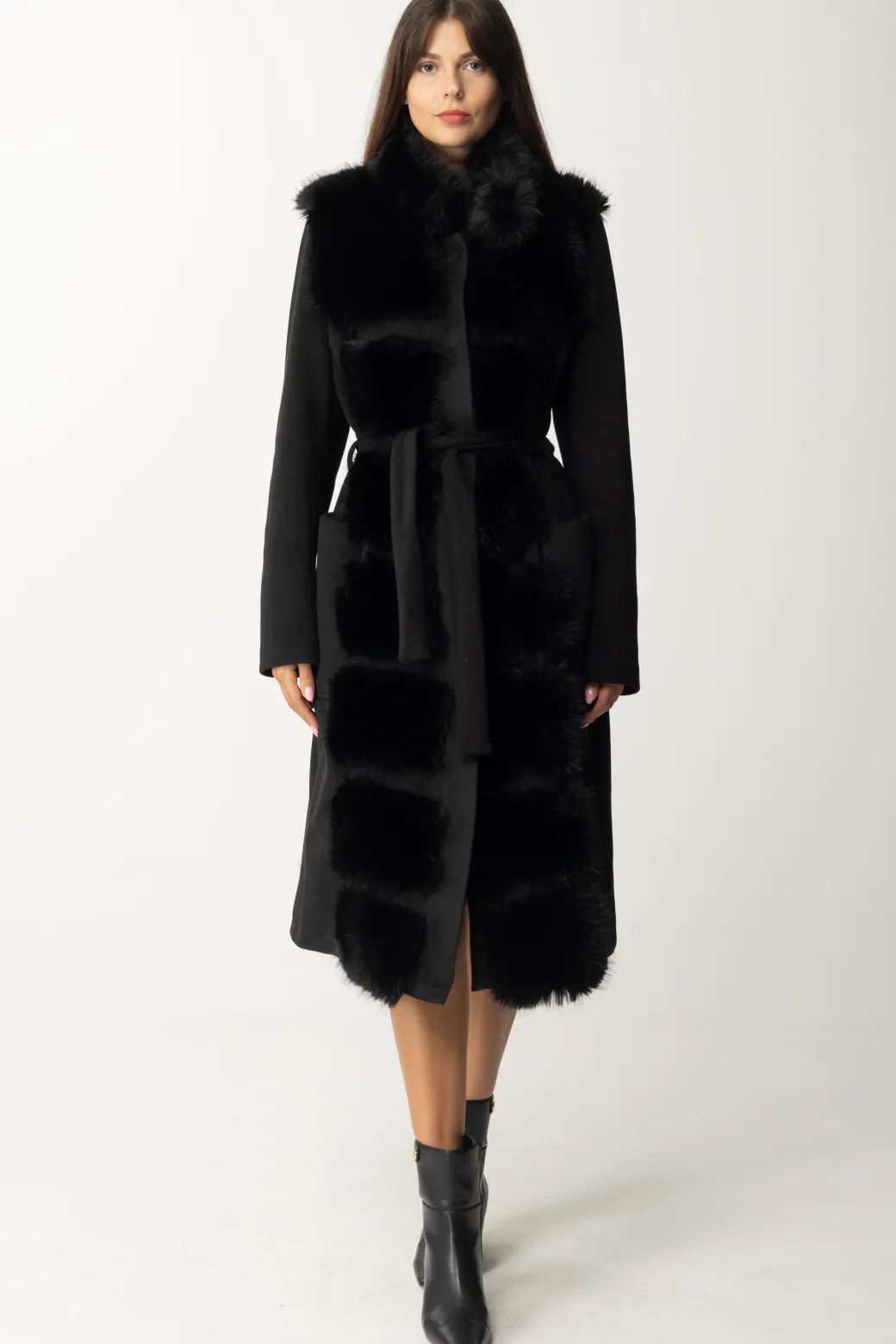 Donna Yes London Cappotto con Cintura In Vita e Inserti In Ecopelliccia