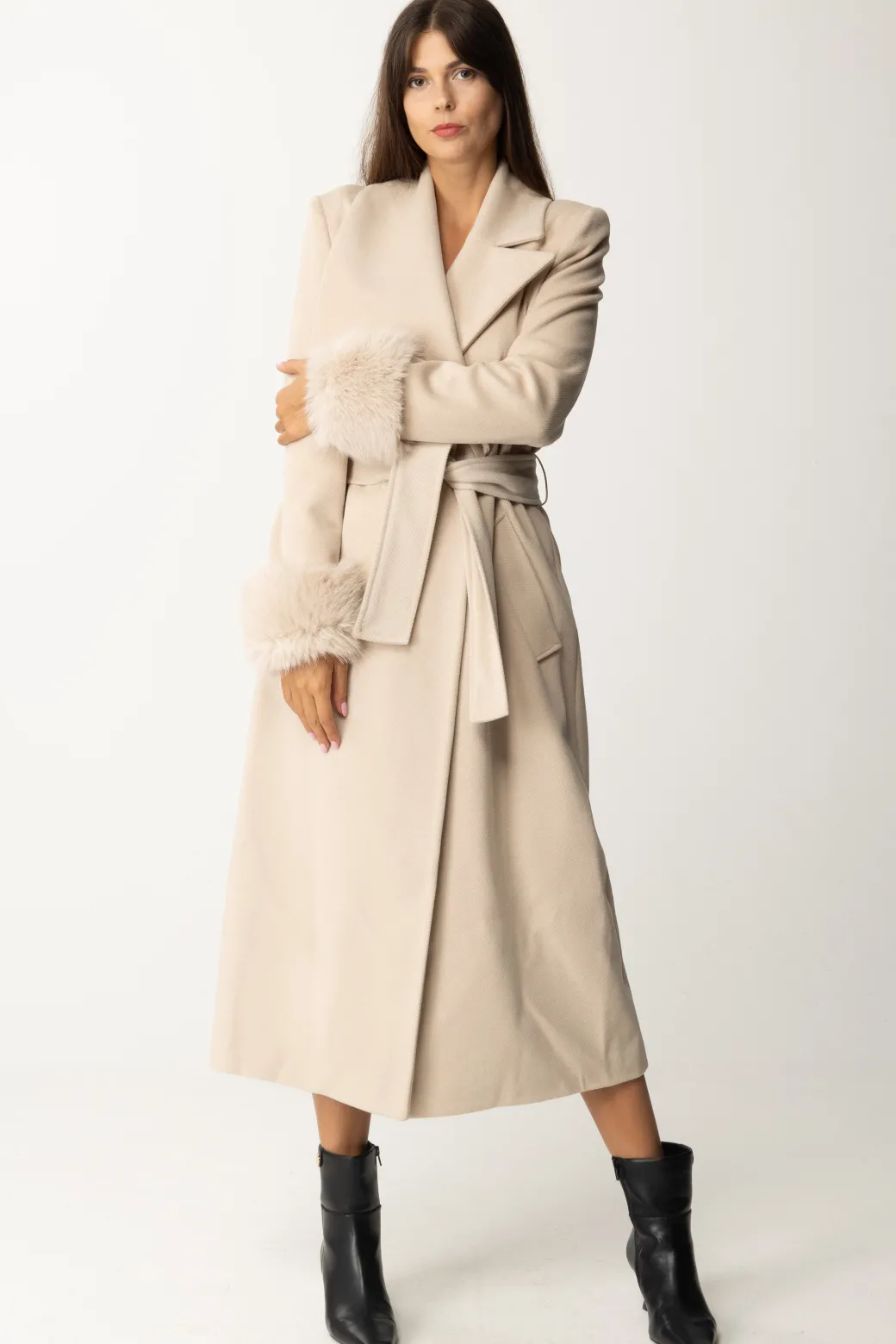 Donna Yes London Cappotto con Revers e Inserti Di Pelliccia