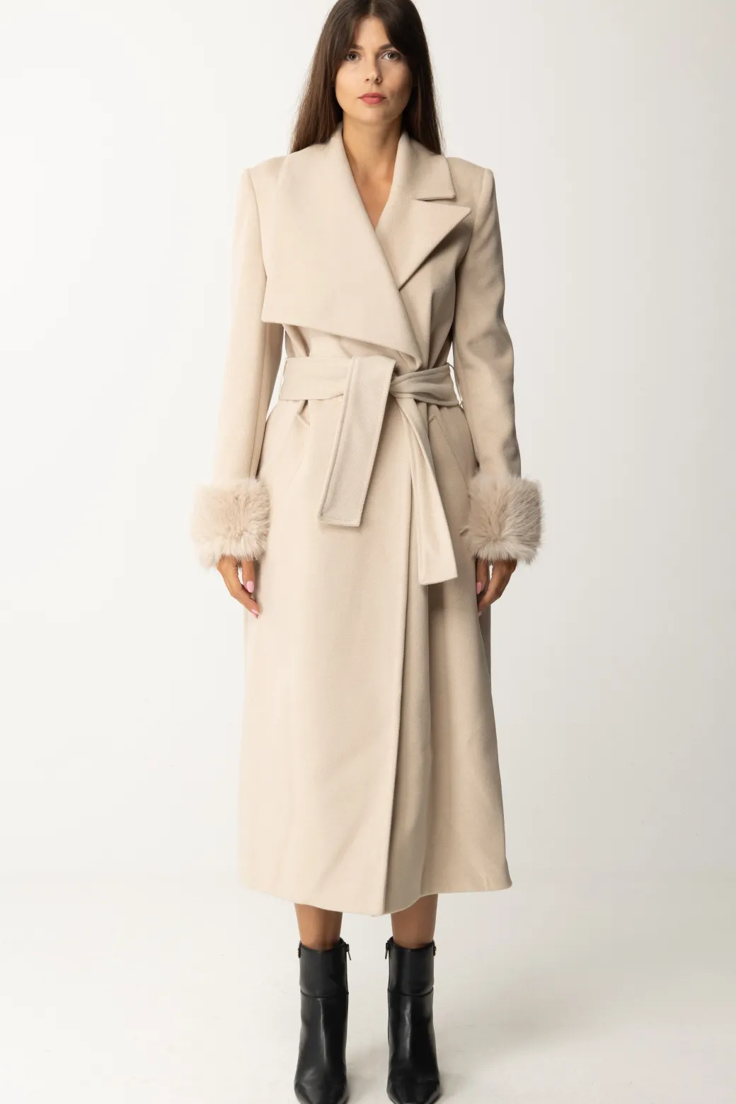 Donna Yes London Cappotto con Revers e Inserti Di Pelliccia